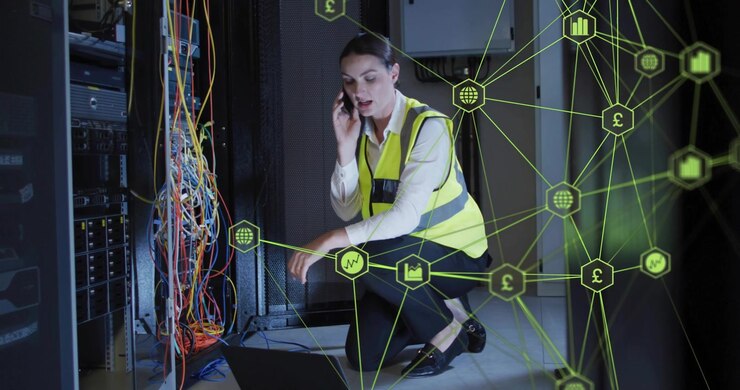 IT-tekniker, der modtager fjernvejledning ved et serverrack, fejlfinder kabler, taster og viser netværksikoner.
