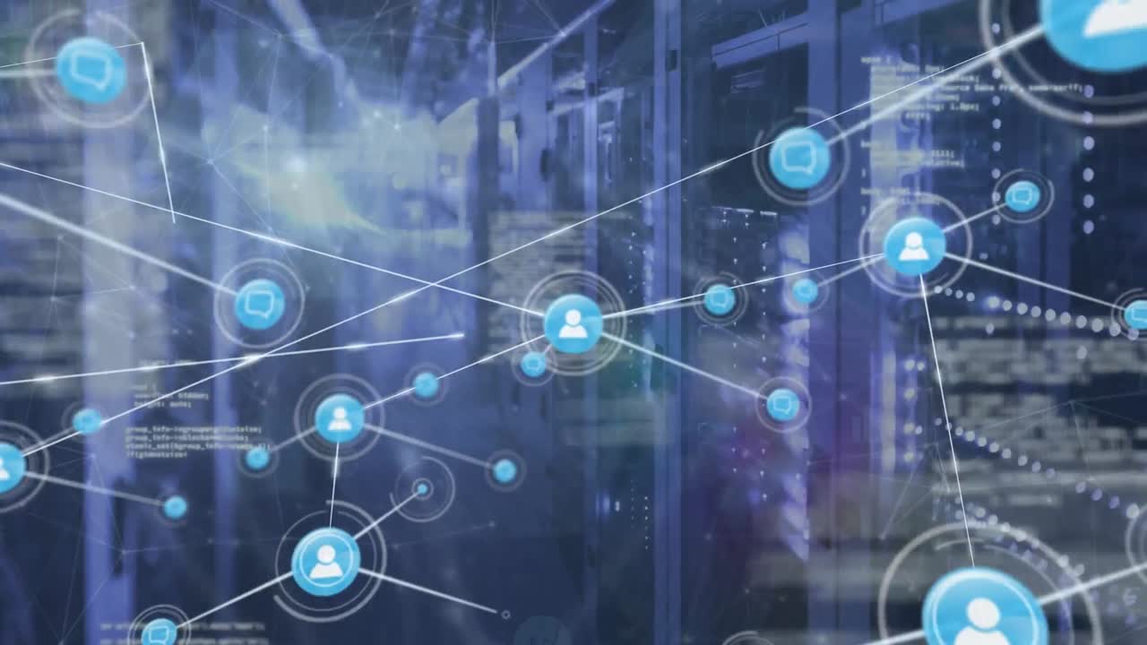 Animation of network of connections with icons and data processing over server room