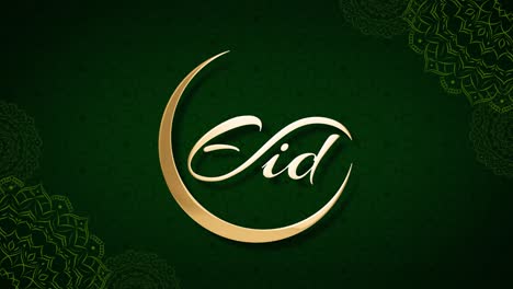 eid mubarak english calligraphy text animated motion graphics with moon and masjid dome with islamic green mandala background.