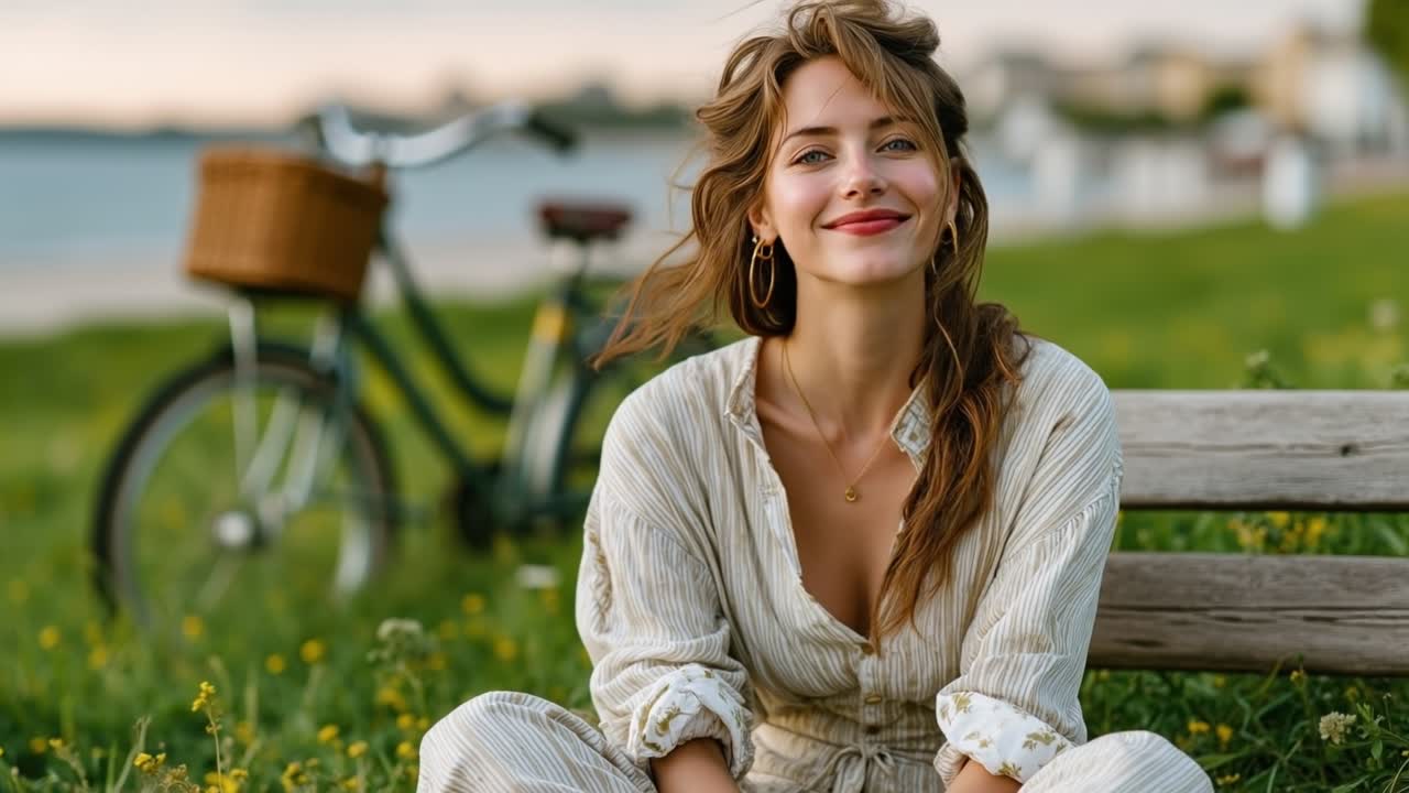 Ung kvinde sidder på en bænk i en grøn park med sin cykel en sommeraften