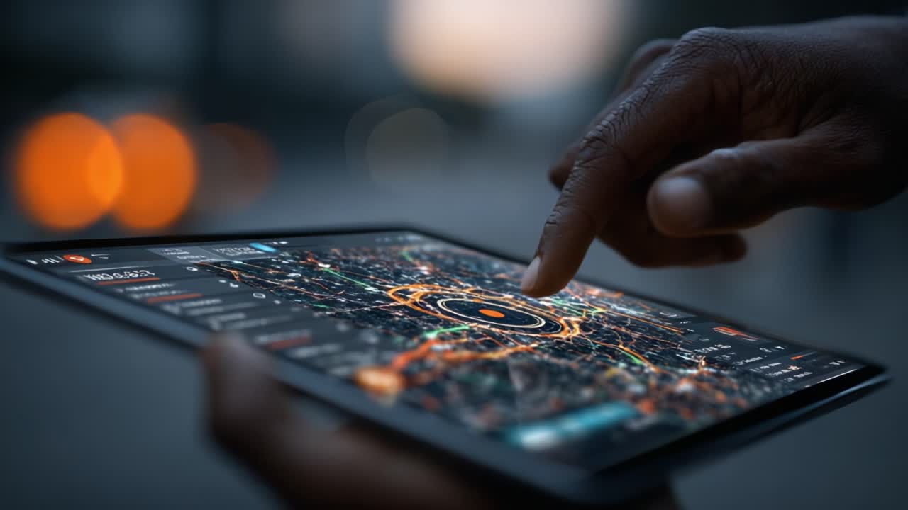 Exploring Digital Mapping Technology: A Close-Up of a Hand Interacting with a High-Tech Touchscreen Display Featuring Interactive Urban Navigation and Data Visualization