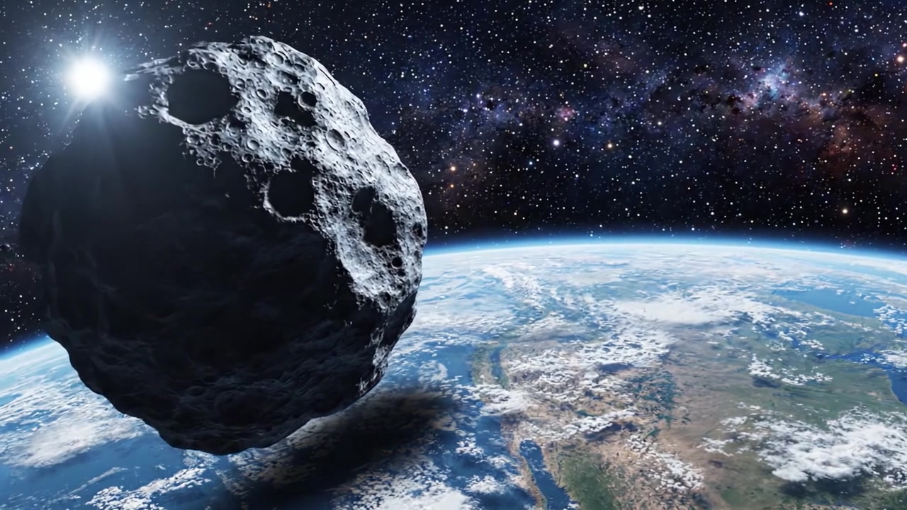 Un incredibile viaggio visivo attraverso lo spazio con un maestoso asteroide che si avvicina alla Terra, sullo sfondo infinito di stelle e meraviglie cosmiche.