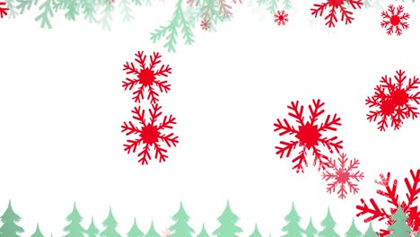animación de copos de nieve cayendo sobre los árboles de navidad
