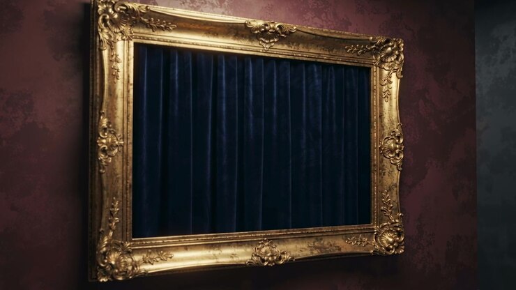 Moving camera panning closer toward gilded frame on burgundy wall, centering deep blue curtain
