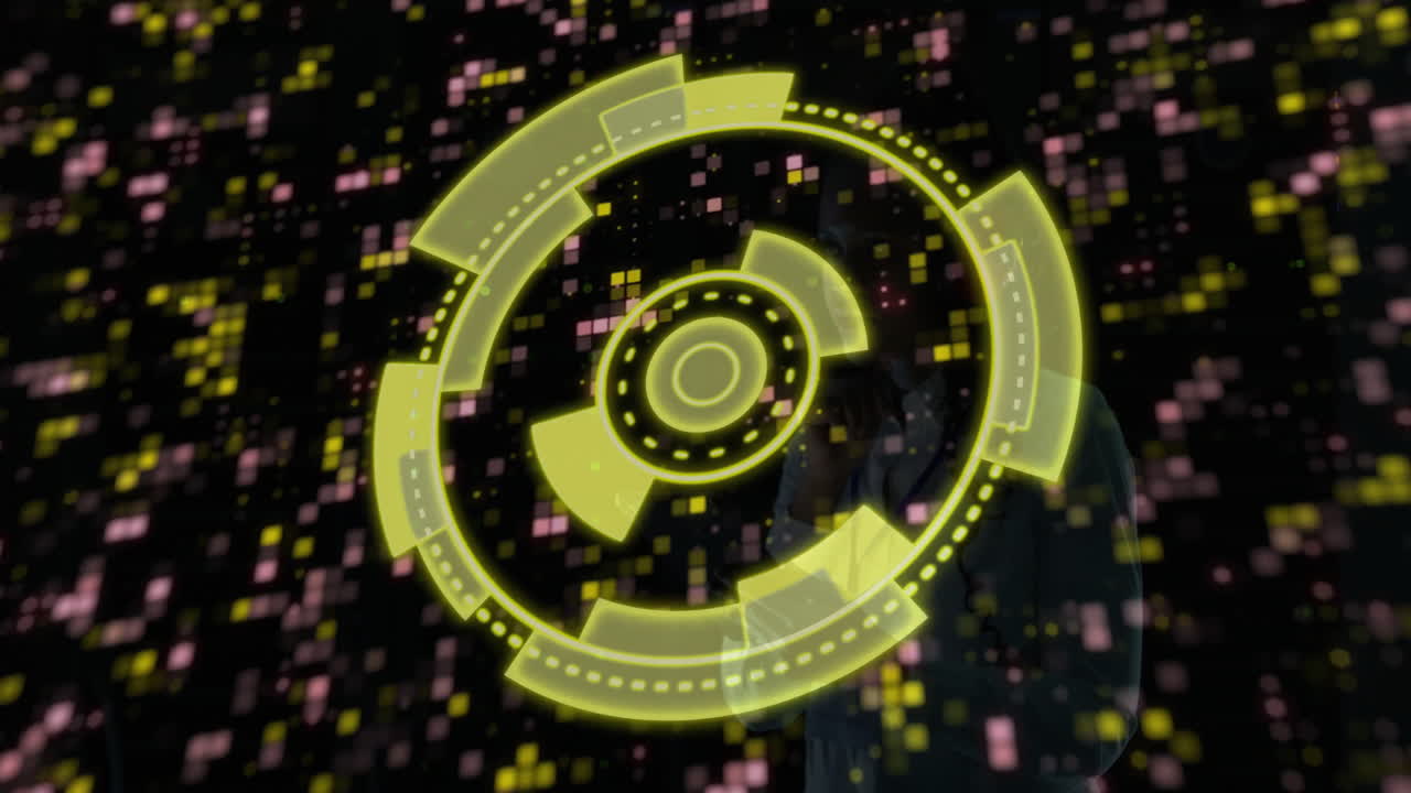 Animation of glowing yellow circular interface over digital pixelated background