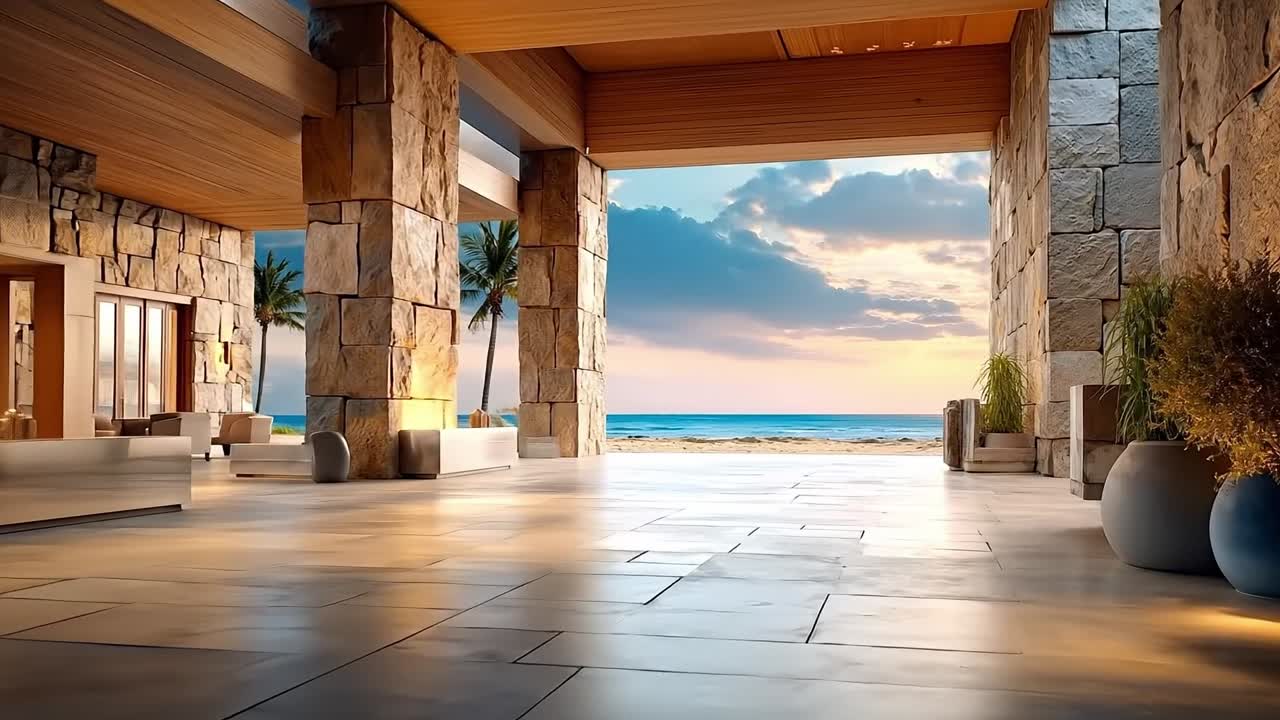 A view of the ocean from inside a building at sunset