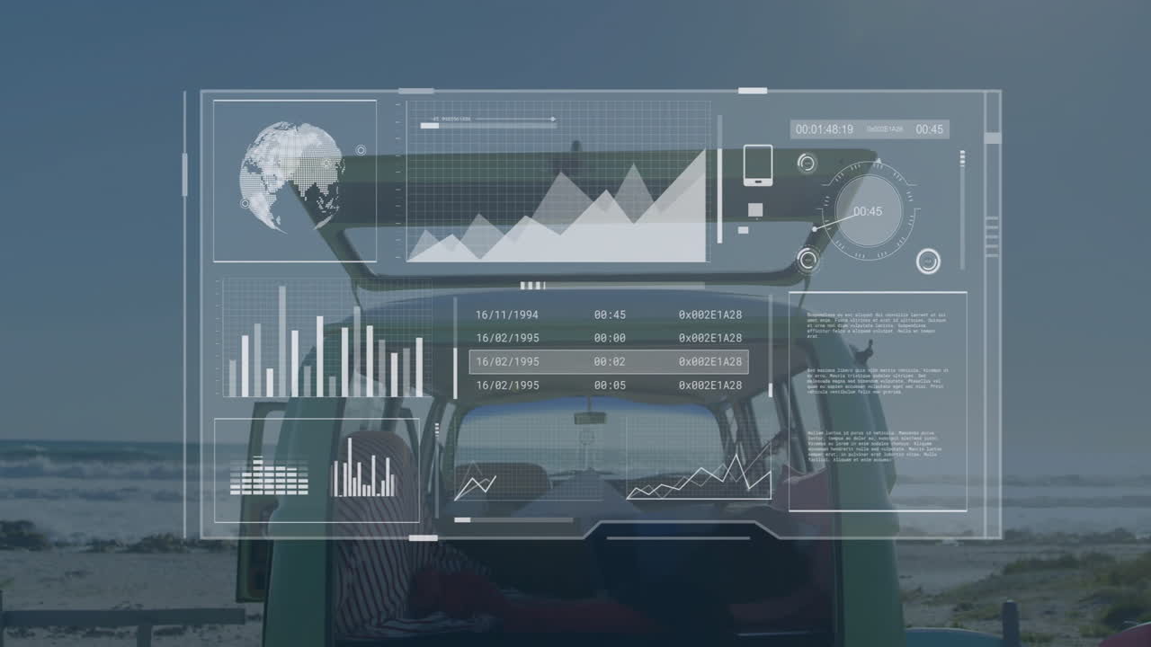 Animation of data analytics interface with graphs and charts over beach scene