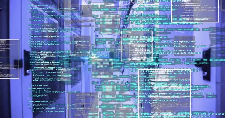 Data-center corridor between server racks launching code windows sliding from sides, streaming data