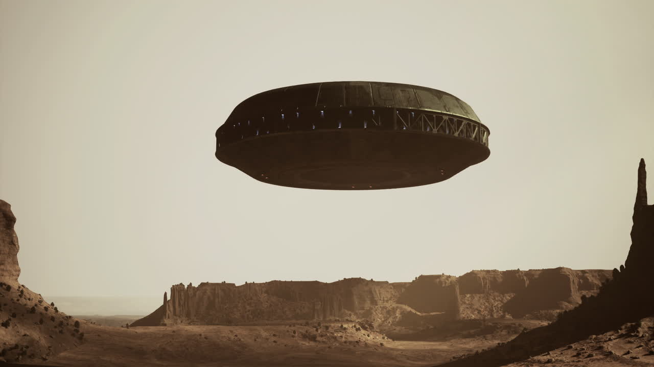 Ufo hovering over beautiful desert landscape at sunset