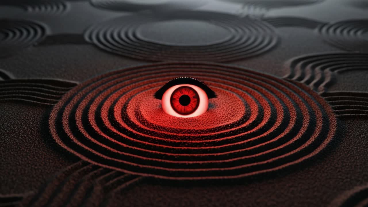 A Hypnotic Gaze: Exploring the Mesmerizing Patterns and Vibrant Red Eye at the Center of Intricate Sand Ripple Designs in a Surreal Visual Experience