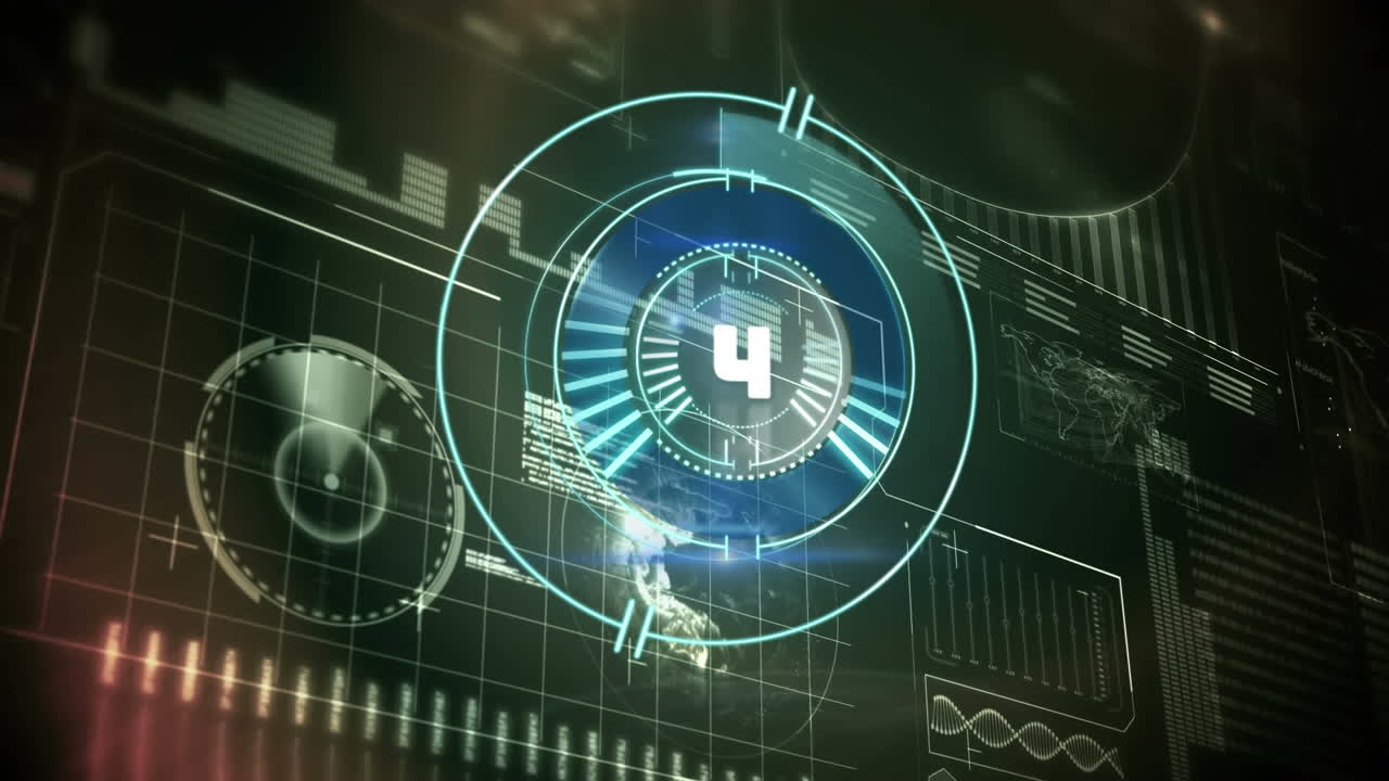 animación del escaneo del alcance con cuenta atrás sobre el procesamiento de datos sobre fondo negro