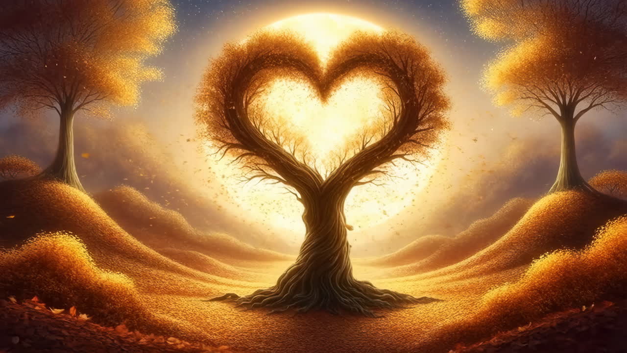 Magical Heart Tree in Golden Fantasy Landscape