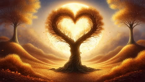 magical heart tree in golden fantasy landscape