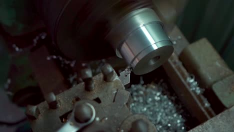 lathe machine close up, above view of heavy industry metal working equipment, metalworking concept