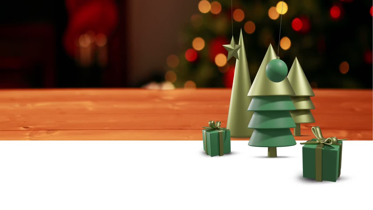 animación de árboles de navidad y decoraciones sobre fondo blanco.