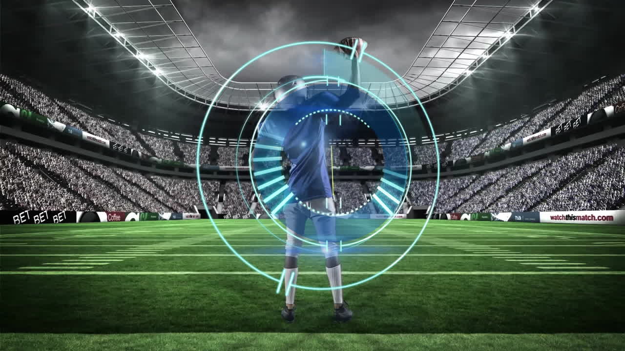 Football player celebrating goal with digital target animation over stadium background