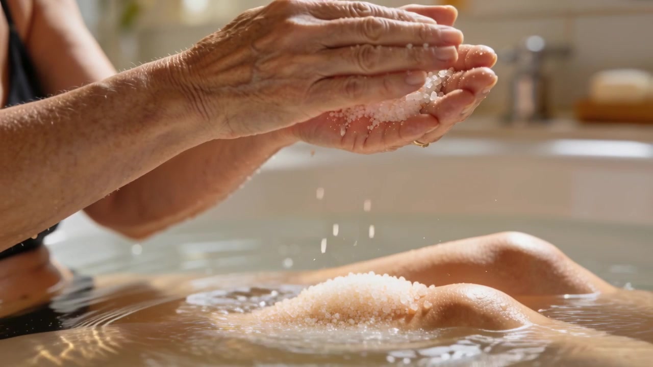 Assistente in costume da bagno scuro che versa sale grosso sulle ginocchia nella vasca da bagno e le strofina per uno scrub.