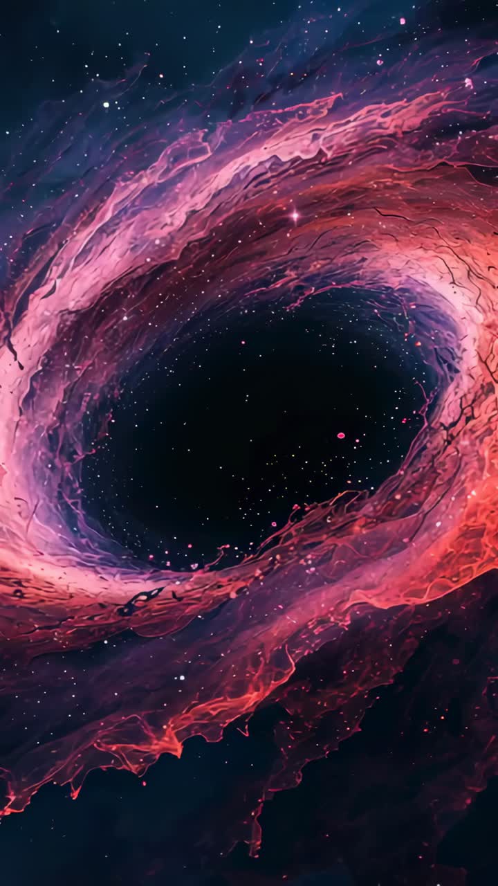 Vertical video: Rotating nebula vortex pulling filaments inward in space, dark core drawing specks