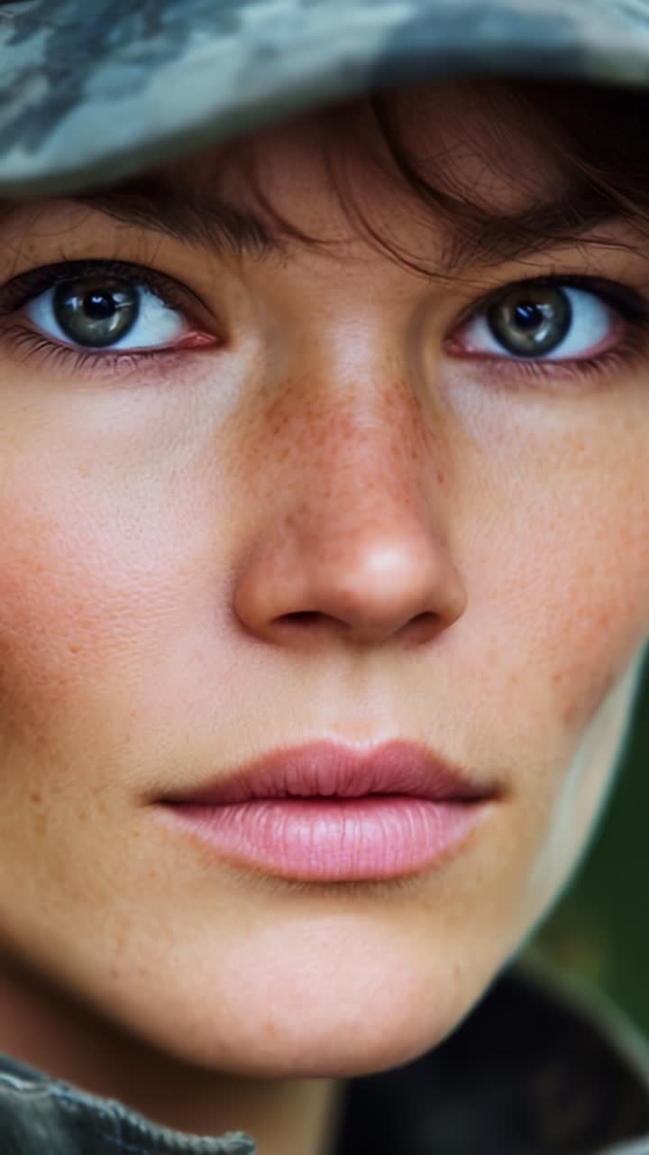 A close-up portrait of a woman in military attire, showcasing striking features, intense gaze, and natural beauty with a focus on her expressive eyes, lips, and freckles