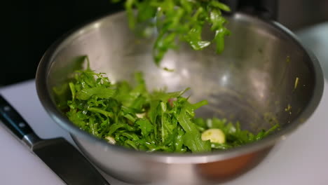 preparing food in restaurant kitchen. cooking vegetarian food at modern restaurant kitchen