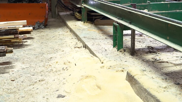 Sawdust and dirty floor in sawmill, handheld dolly out