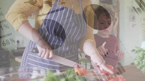 animation of financial data processing over caucasian woman and her son cooking in kitchen