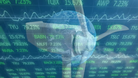 animación del procesamiento de datos financieros y el globo sobre la turbina eólica