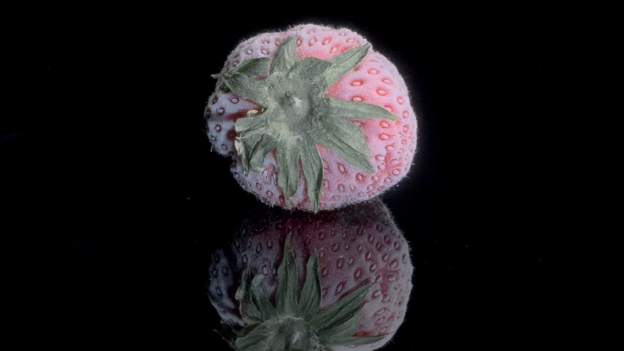 검은색 유리판에 냉동 된 딸기, 검은색 배경, 360도 회전, 클로즈업