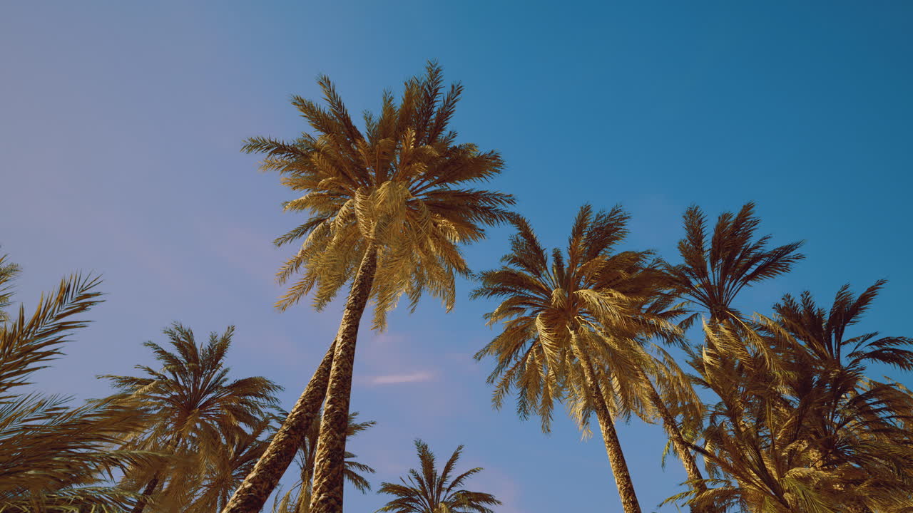Palm trees sway under bright blue sky in tropical paradise