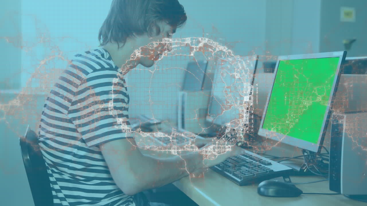 컴퓨터를 사용하여 남성 학생 위에 인간 뇌와 dna 스트랜드의 애니메이션