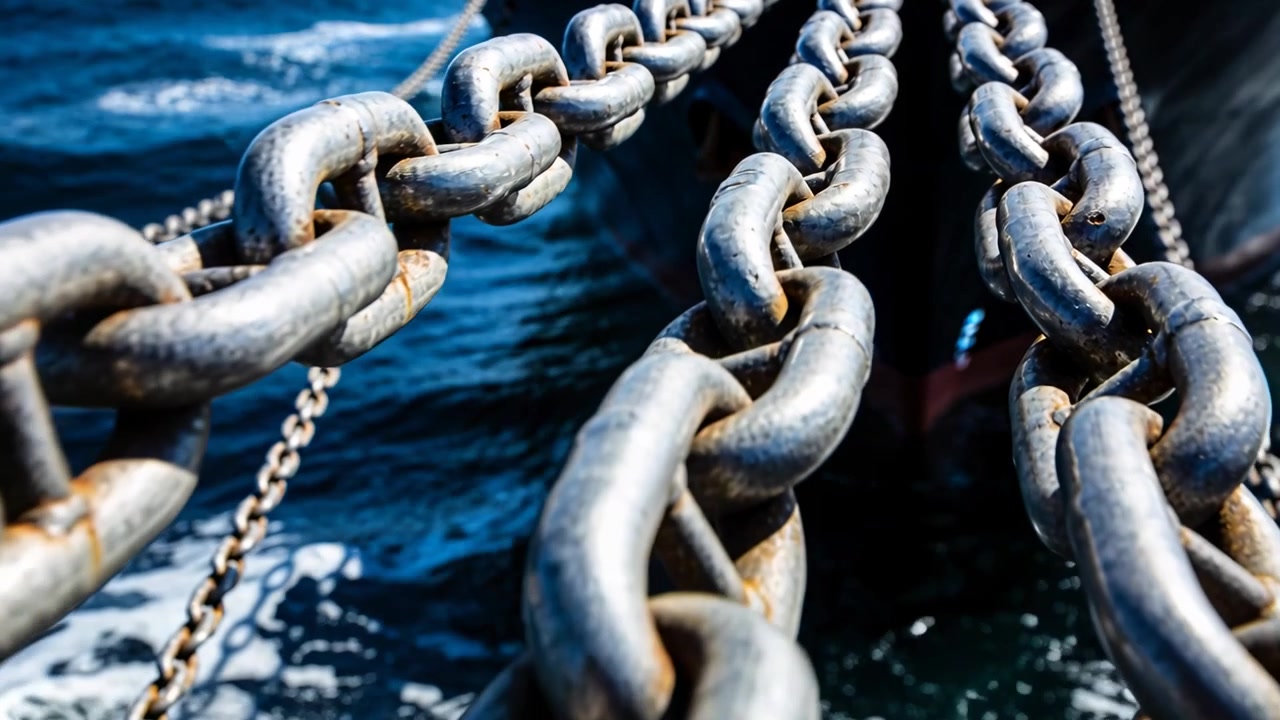 Embarcación balanceándose haciendo que pesadas cadenas de ancla de acero se balanceen en la proa, mostrando cadena de seguridad y óxido