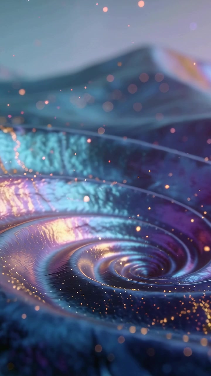 Video verticale: La telecamera si allontana rivelando una spirale e un terreno scolpito più ampio, con particelle che fluttuano.