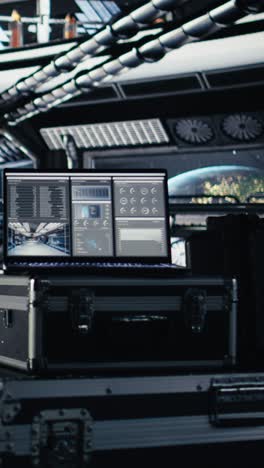 vertical video chroma key monitor in space station surrounded by high tech equipment
