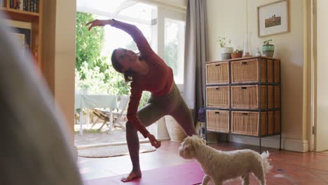 smiling caucasian woman practicing yoga with her pet dog at home