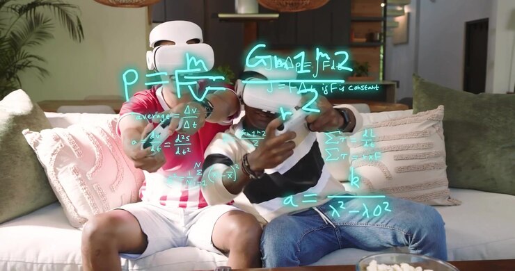 Formulas appearing starting two VR gamers shifting controllers and solving equations together