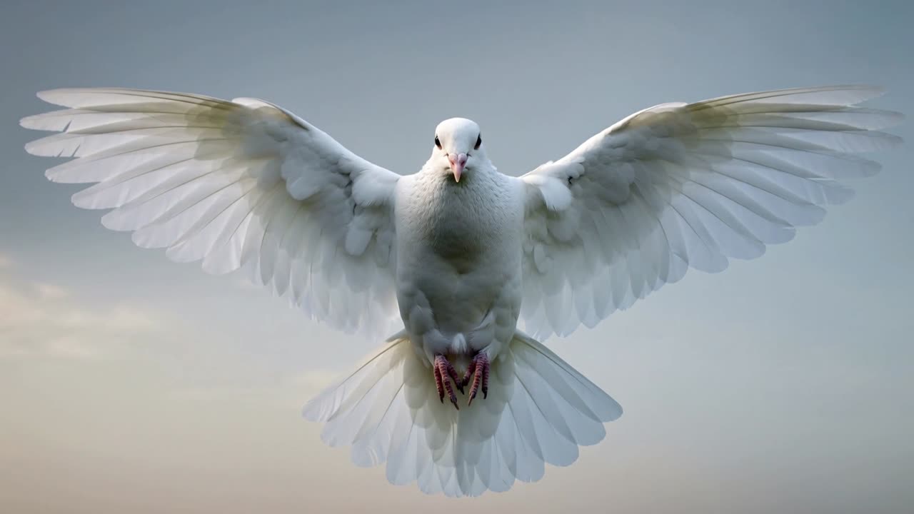 Telecamera che inquadra una colomba bianca che spiega le ali in un cielo pallido, mostrando la coda a ventaglio e le zampe rosa.