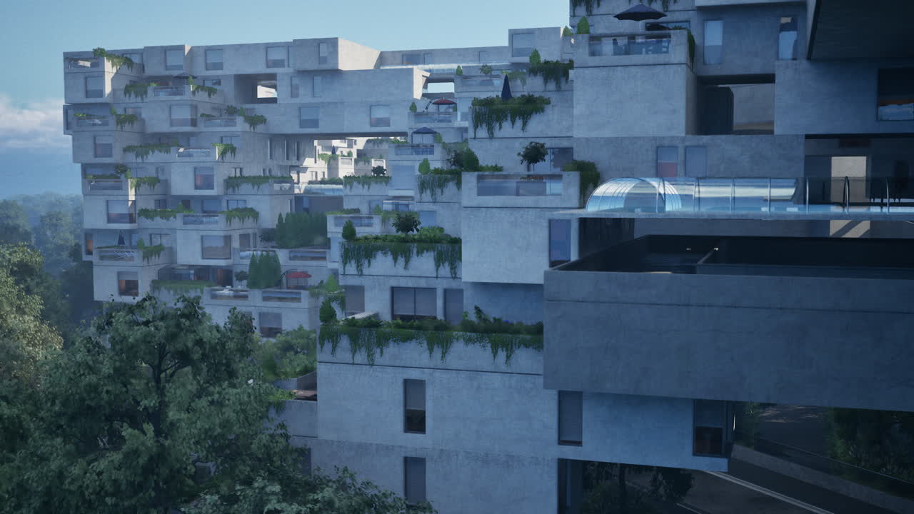 A modern concrete apartment building with many balconies and greenery