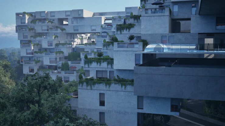 Un moderno condominio in cemento con molti balconi e vegetazione.