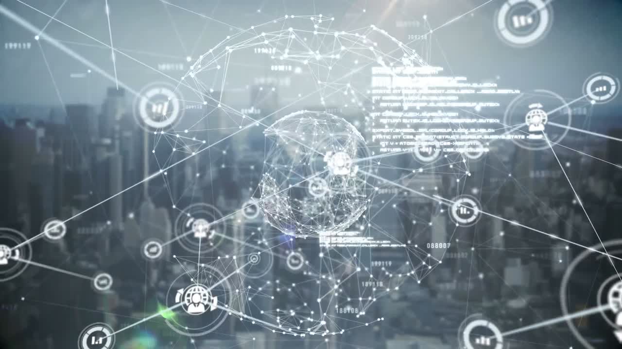 conectores que se mueven en el paisaje urbano de fondo