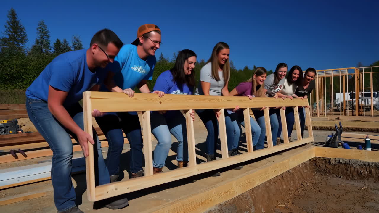 Group of Volunteers Lifting a Wooden Frame at a Construction Site