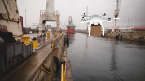 Drone-carrying-a-box-in-a-port