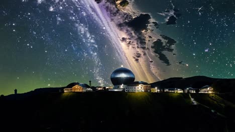 testigo de un observatorio de cúpula geodésica bajo la hipnotizante galaxia de la vía láctea, la transición del crepúsculo a un cielo nocturno lleno de estrellas