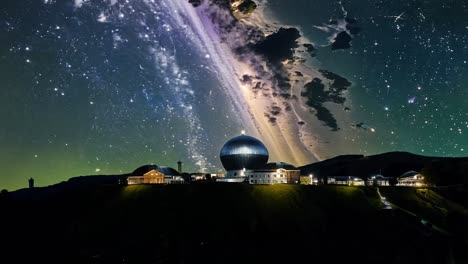 witness a geodesic dome observatory under the mesmerizing milky way galaxy, transitioning from dusk to a star filled night sky