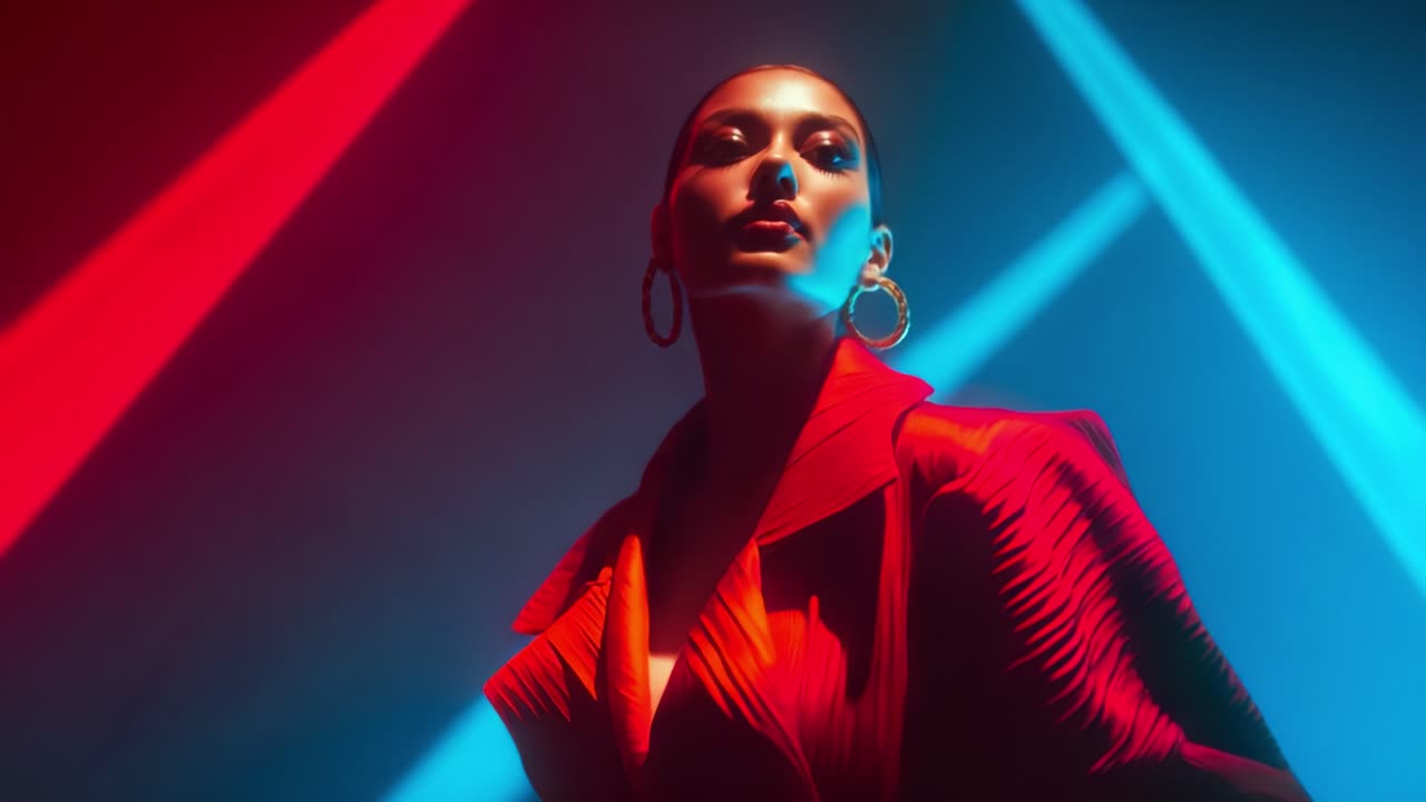 A Stunning Portrait Featuring a Model Bathed in Dynamic Red and Blue Light, Capturing the Essence of Modern Fashion and Artistic Expression with Striking Colors and Bold Style Choices