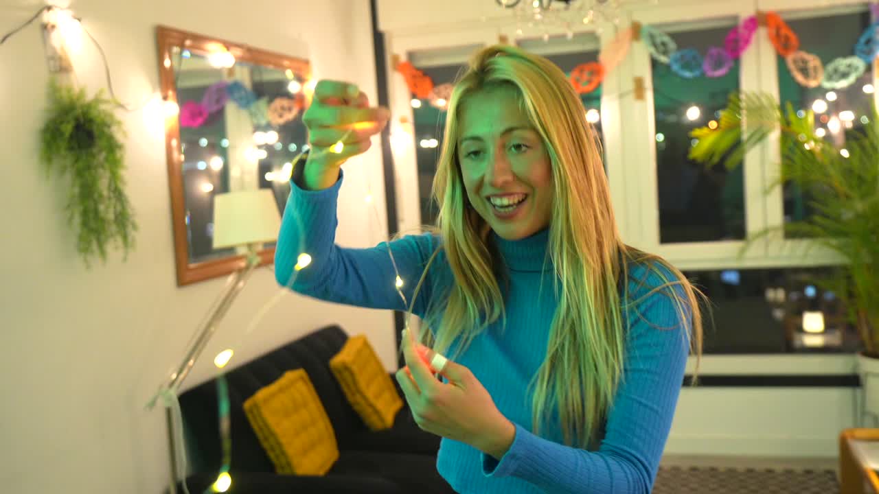 Woman Celebrating with Lights