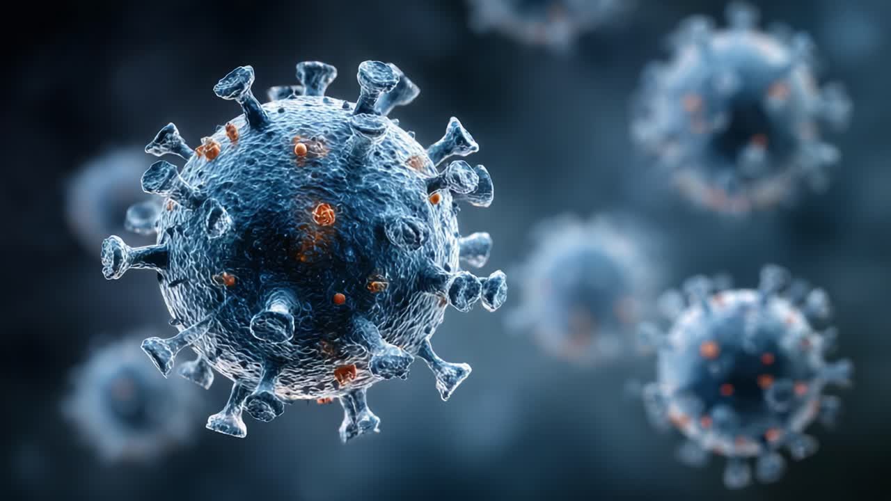 Visualizzazione ravvicinata di una cellula virale: uno sguardo dettagliato alla struttura complessa e alle caratteristiche distintive delle particelle virali nell'immaginario microscopico