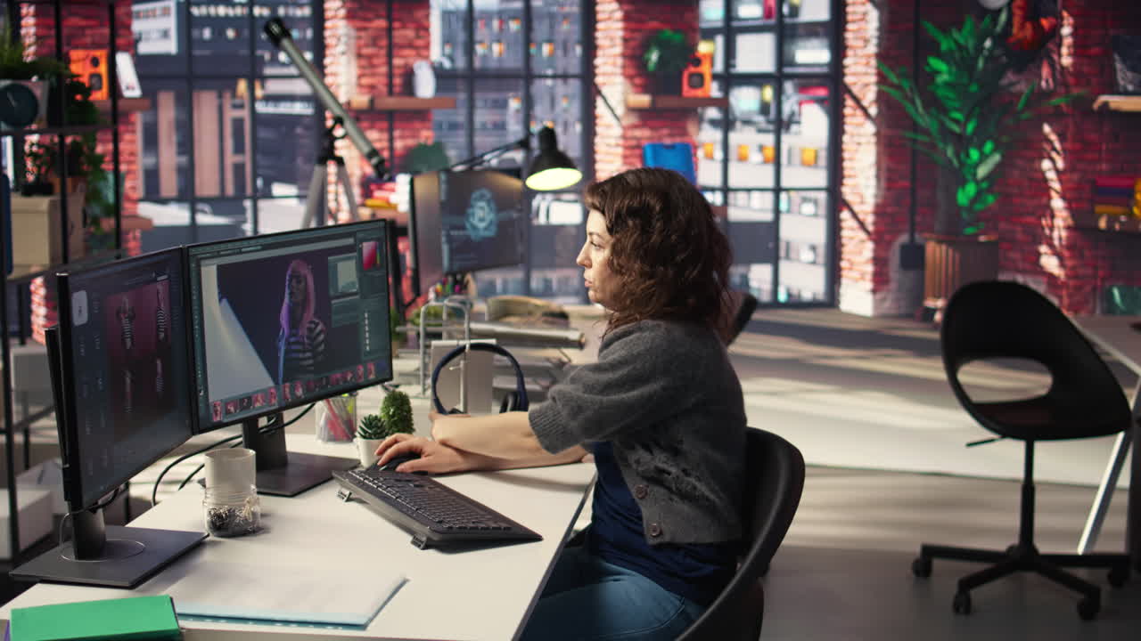 Female editor designer retouches photos on dual monitors desktop