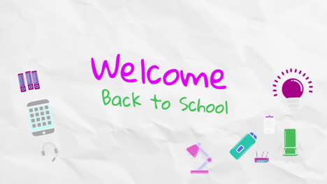 animation of welcome back to school text with school items icons on white background