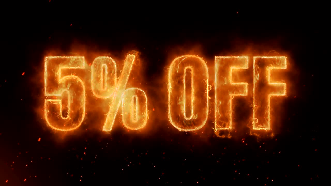 05% de descuento en la palabra quema caliente en fuego realista llamas chispas y humo animación de bucle continuo sin problemas