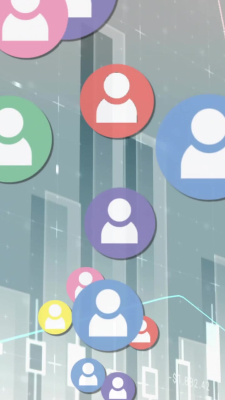 Animation of profile icons floating over statistical data processing against grey background